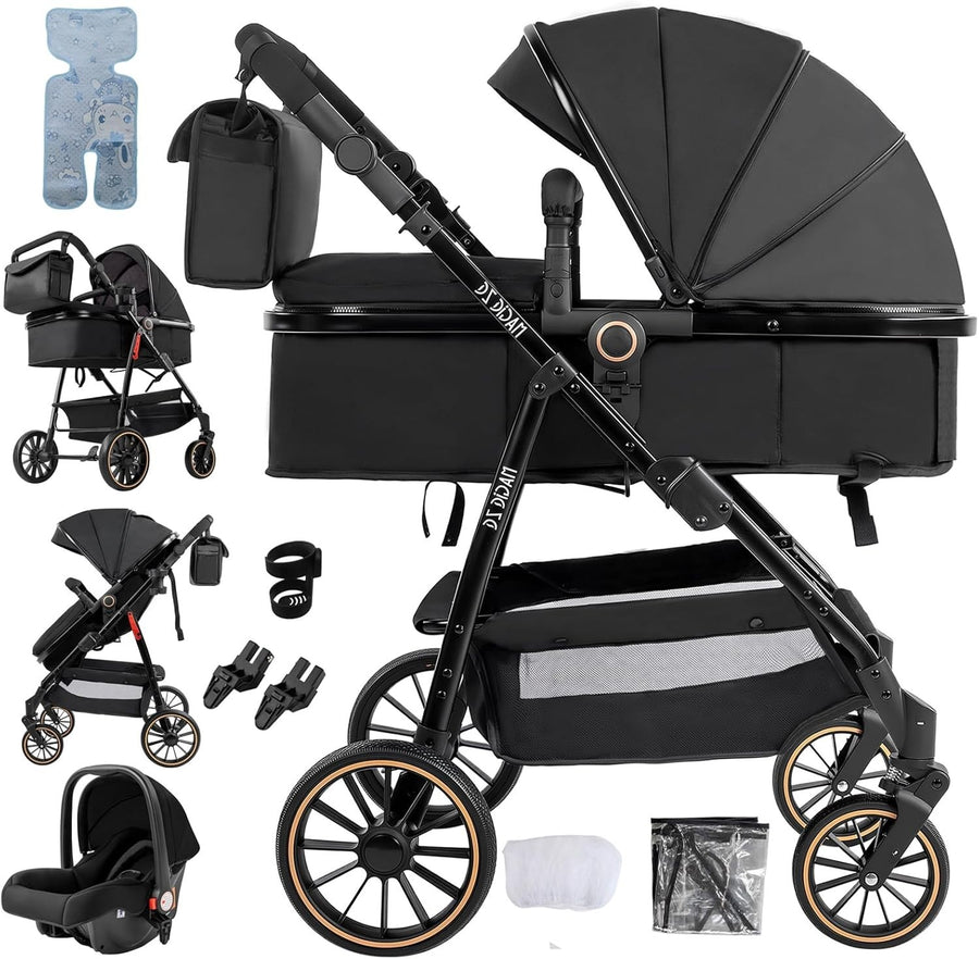 3in1 Baby Stroller Travel System High Landscape Pushchair Reversible Seat Black