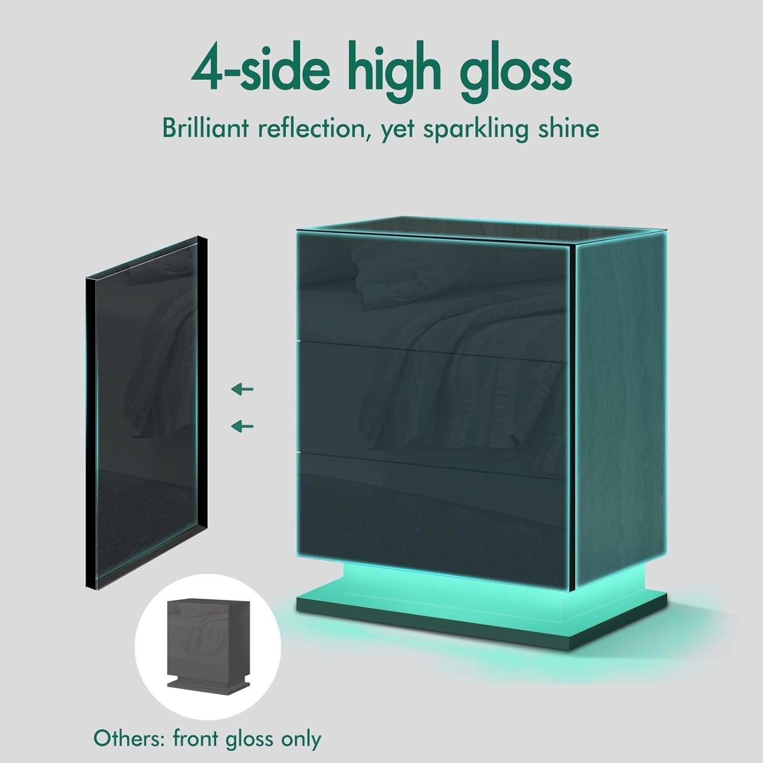 LED Bedside Table with 3 Drawers & RGB Lights | Black High Gloss Nightstand