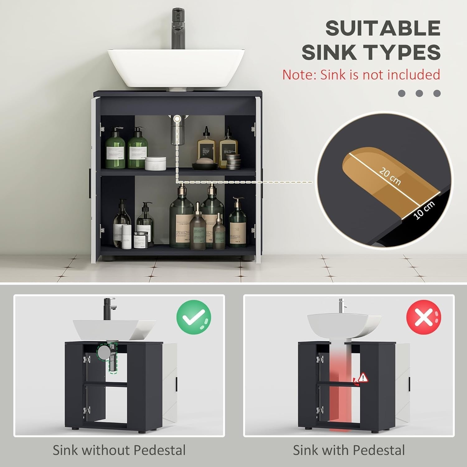 Modern Under Sink Bathroom Cabinet Grey Storage Unit 2 Door Shelf 60x60cm