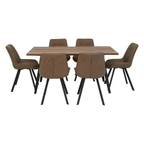 7 Piece Dining Set Brown Wood Table & Faux Leather Chairs Nordic Style
