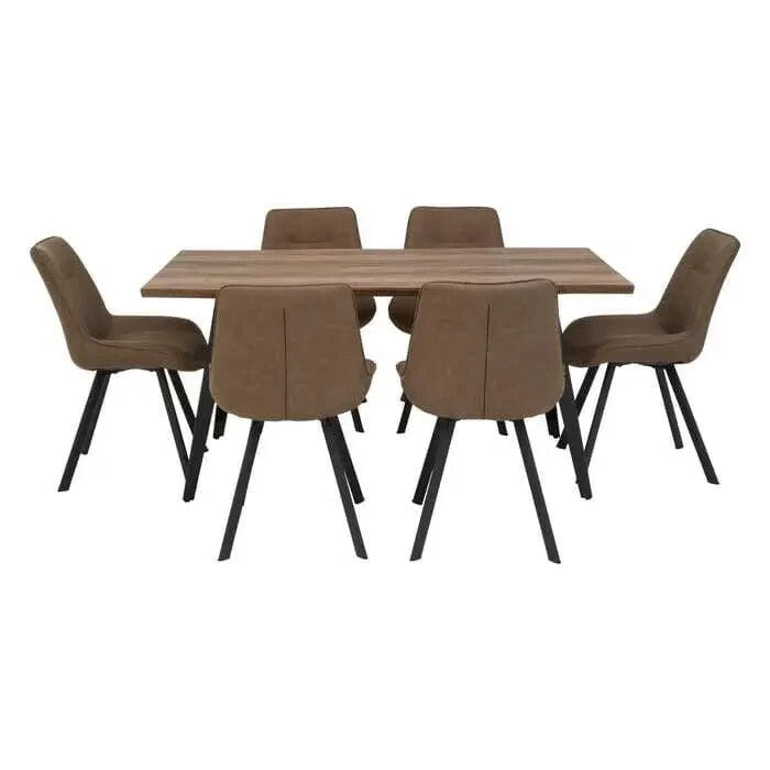 7 Piece Dining Set Brown Wood Table & Faux Leather Chairs Nordic Style