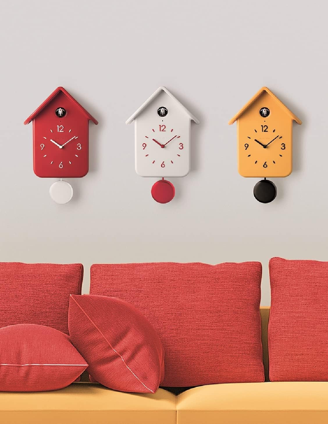 Modern Silent Wall Cuckoo Clock Bird Chime Battery Home Decor 39cm