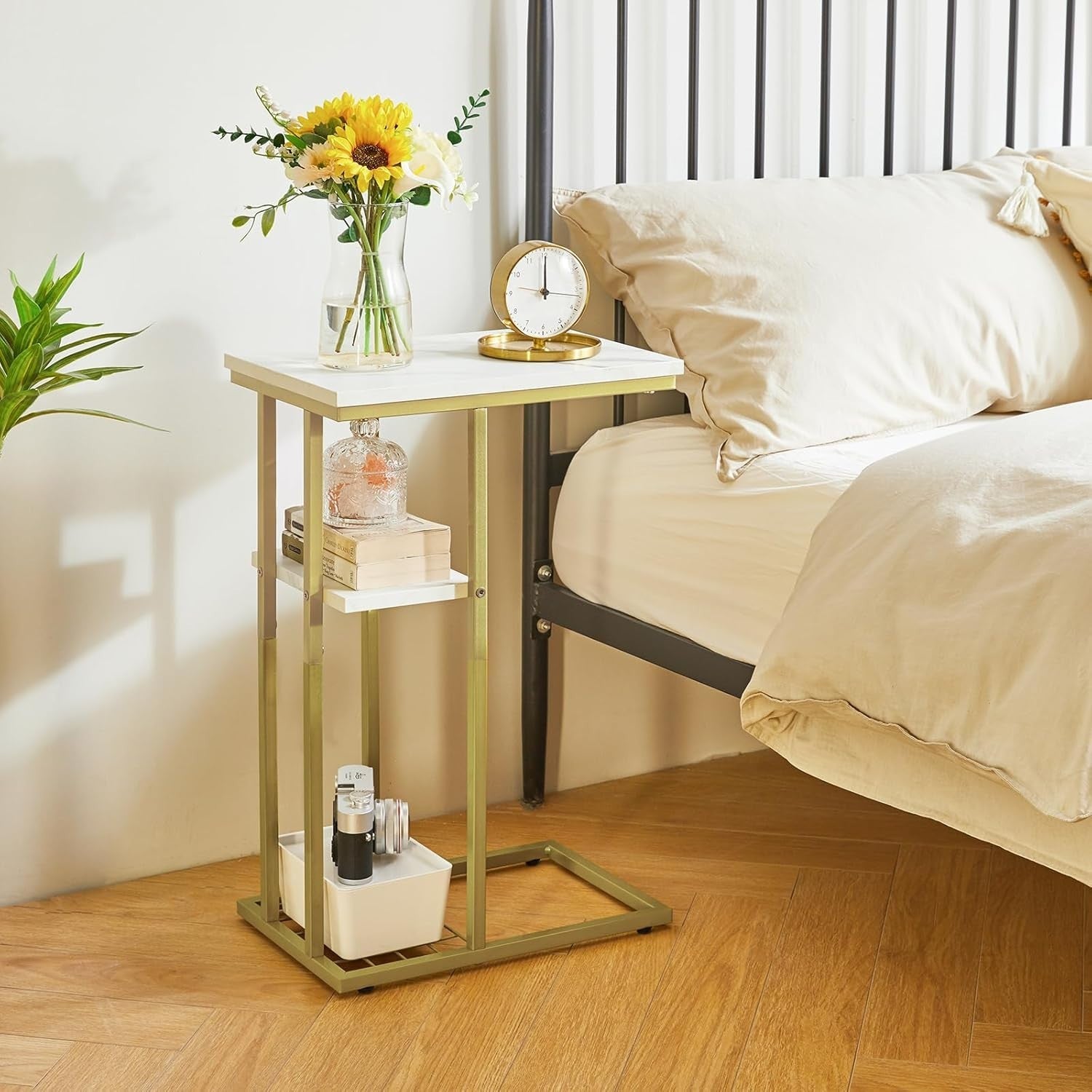 Set of 2 C-Shaped End Tables Marble White & Gold – Compact, Sturdy, Multi-Use