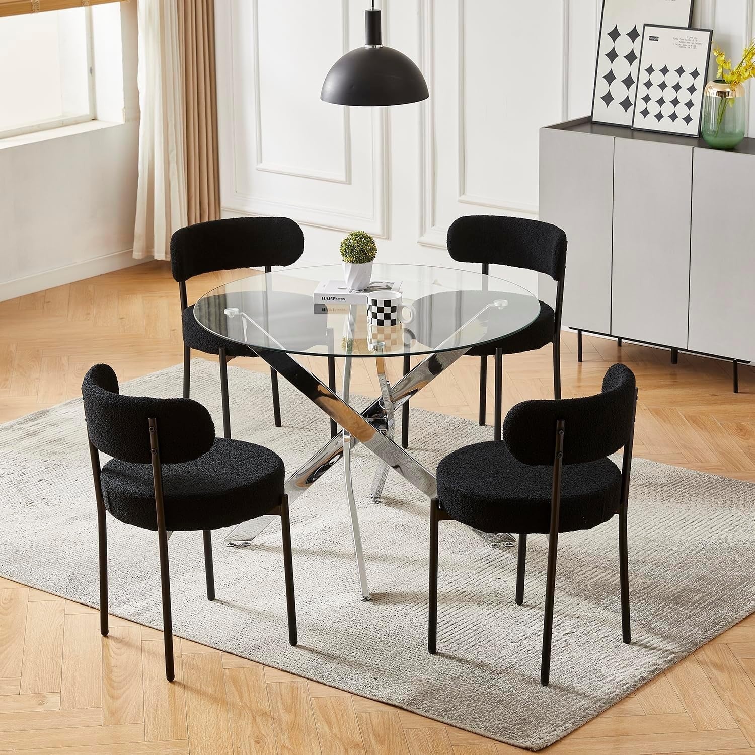 100CM Round Glass Dining Table with 4 Black Upholstered Chairs Set