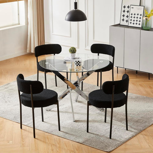 100CM Round Glass Dining Table with 4 Black Upholstered Chairs Set