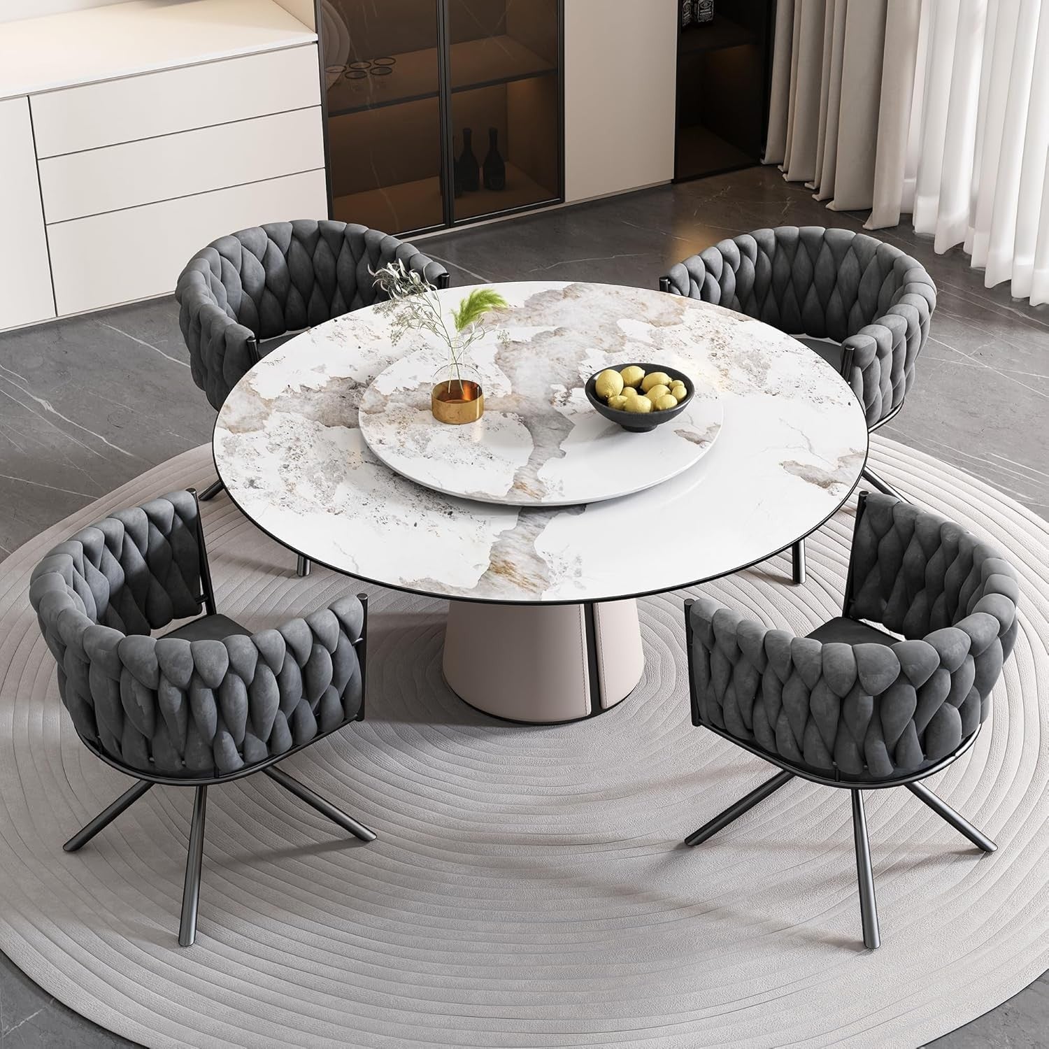 Grey Velvet Swivel Dining Chair 360° Luxury Kitchen Accent Seat