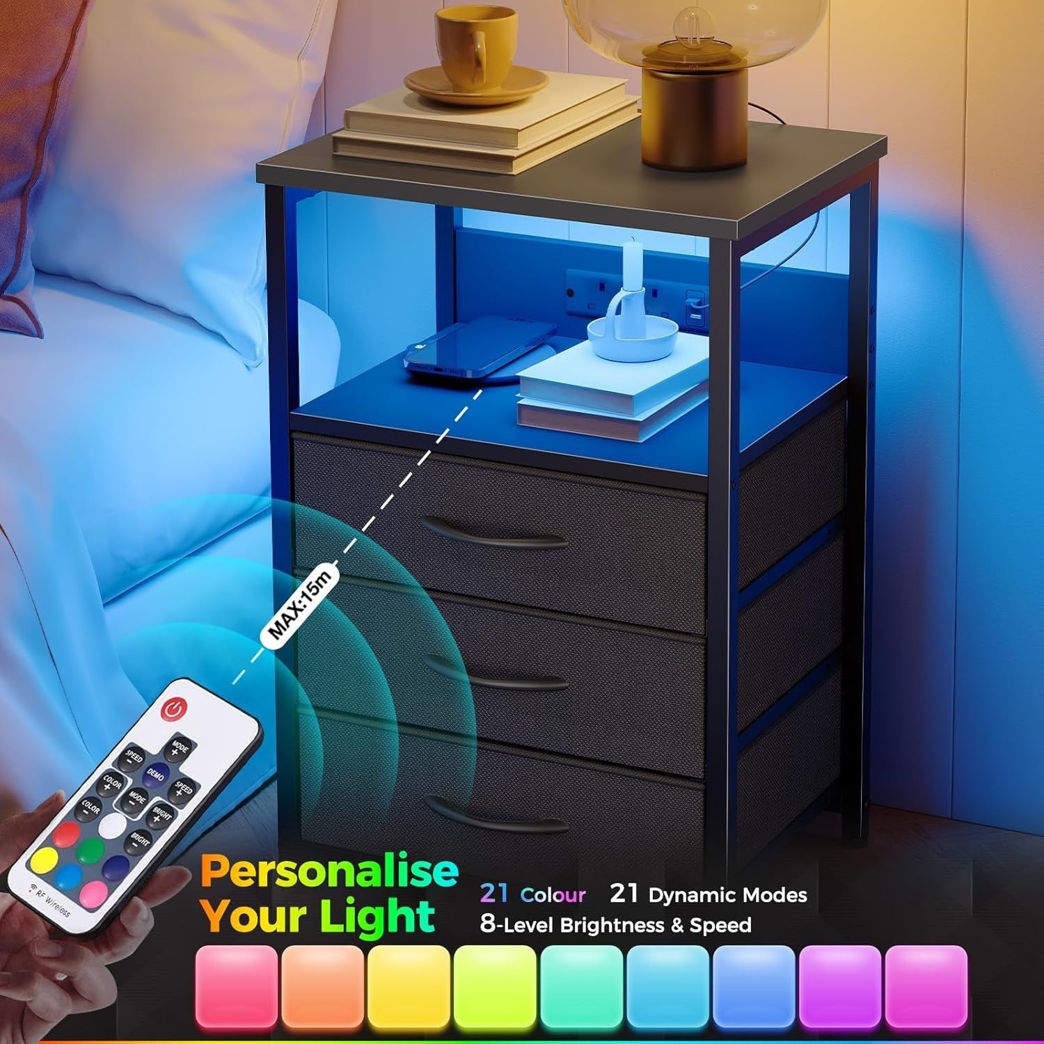 Set of 2 Black LED Bedside Tables with USB Charging | 3-Drawer Nightstands