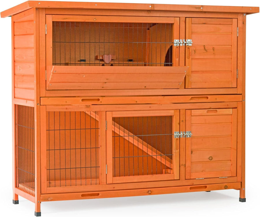 Large 2 Tier Rabbit Hutch with Enclosed Run Wooden Outdoor Cage Tray