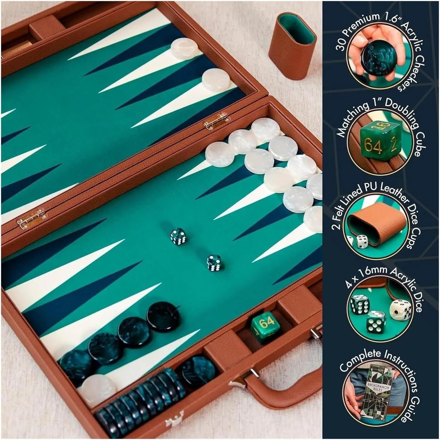 Luxury Leather Backgammon Set 19 Inch Travel Case Dice Checkers Game