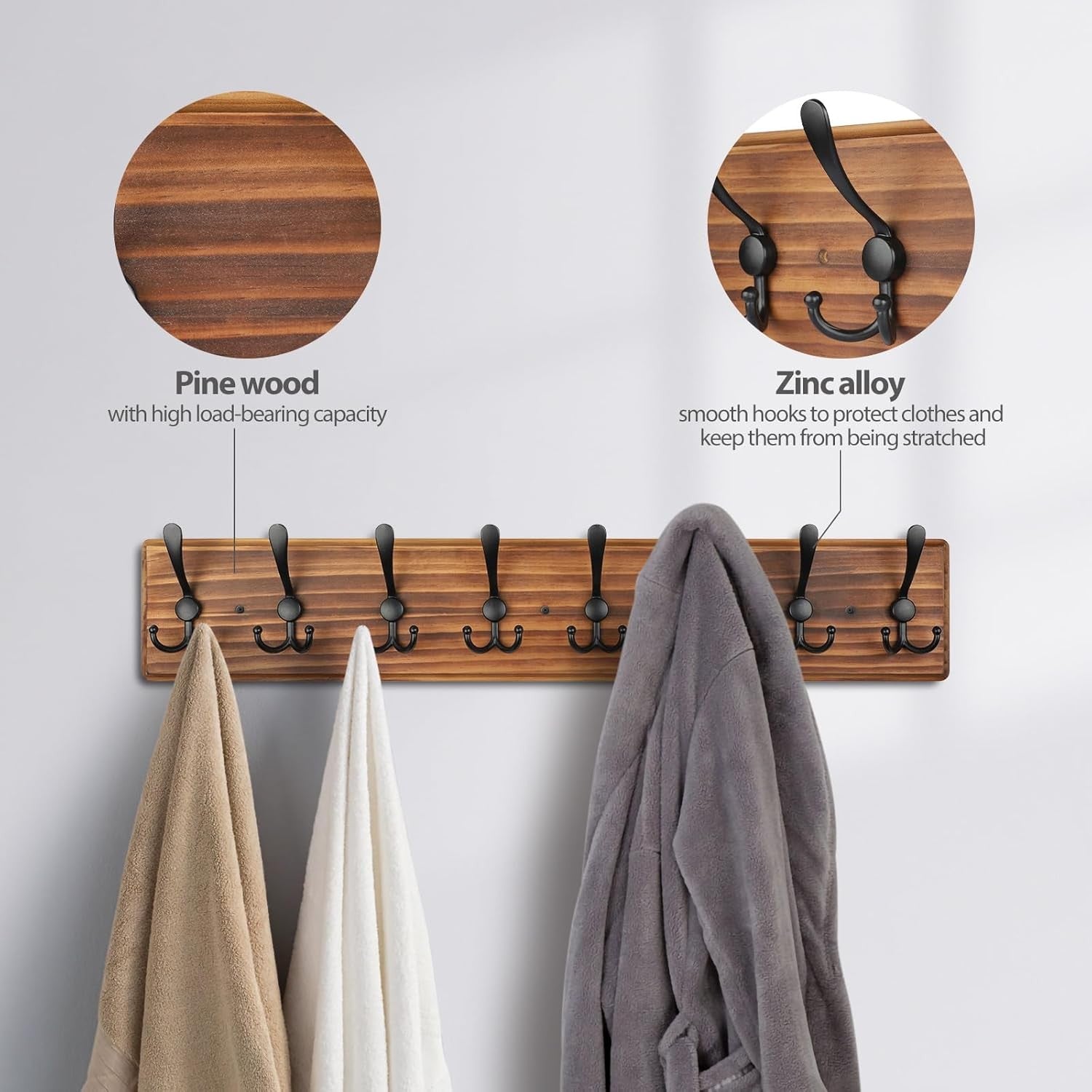 Wooden Wall Mounted Coat Rack | 8 Hook Heavy Duty Hallway Hanger Organizer