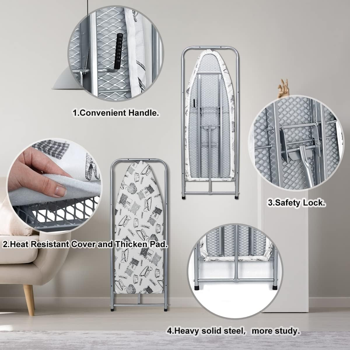 Wall Mounted Fold Down Ironing Board 98x37cm Space Saving White Grey
