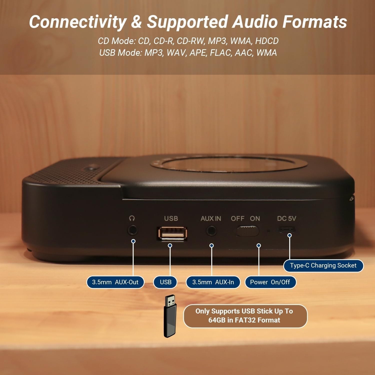 Portable CD Player Bluetooth 5.3 Rechargeable Speakers AUX USB Remote