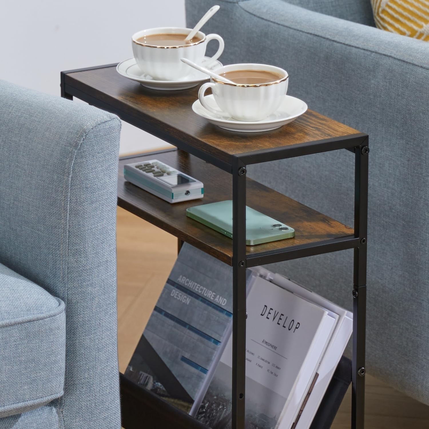 Slim Rustic Side Table with Magazine Rack – Narrow End Table for Sofa Bed