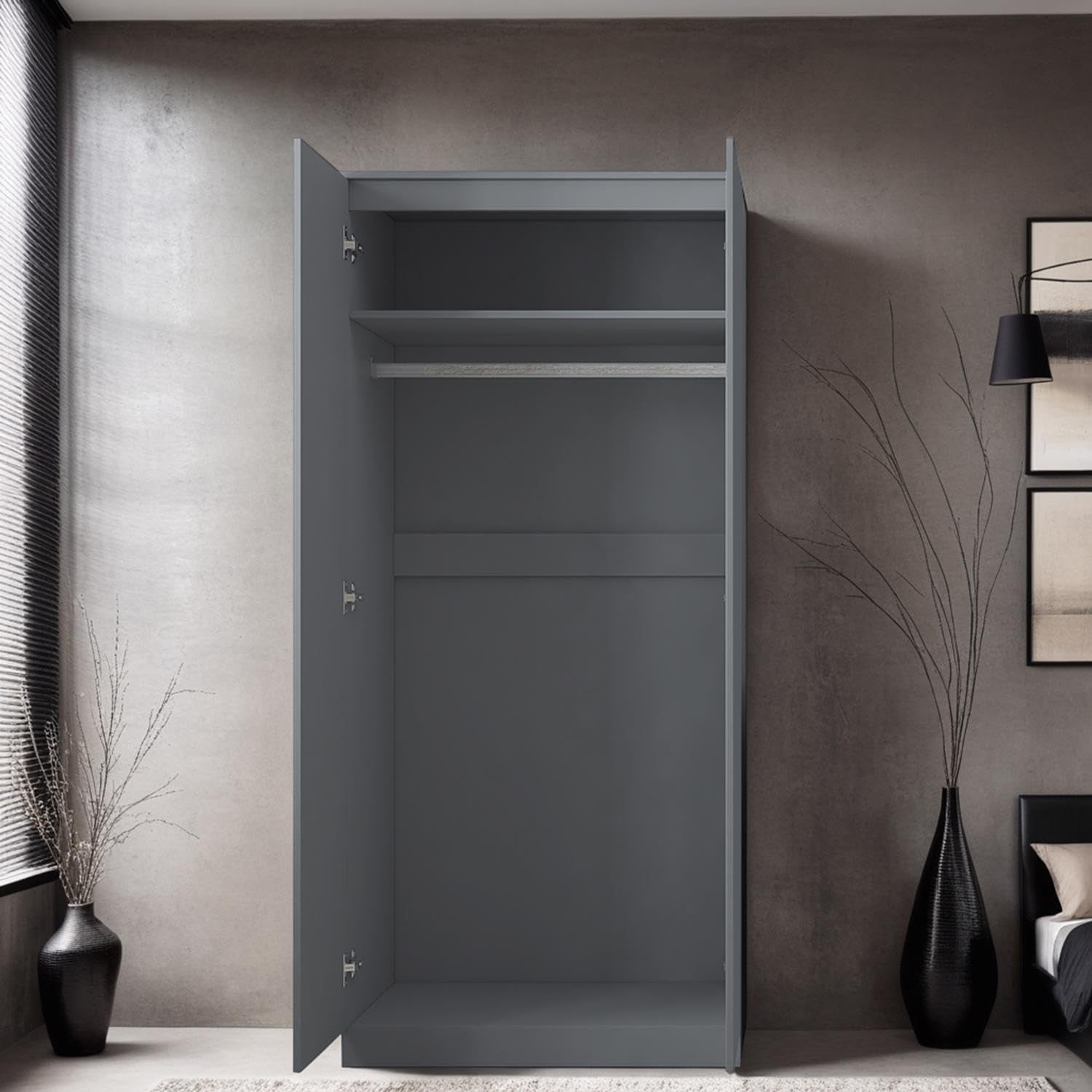 Dark Grey 2-Door Double Wardrobe 180cm | Scratch-Resistant, Space Saving