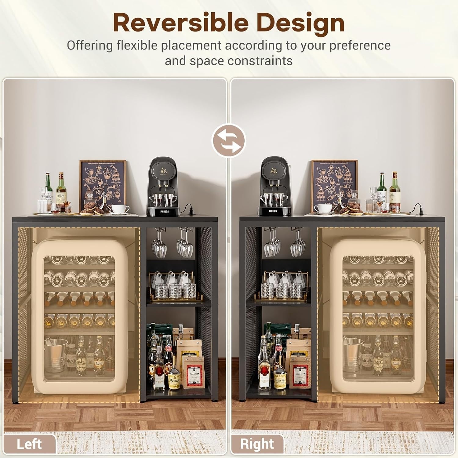 Mini Fridge Stand with Power Outlets Wine Bar Storage Cabinet Black Industrial