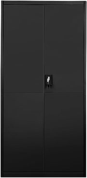Tall Black Metal Storage Cabinet 2 Door Cupboard 5 Shelves 185cm Lockable