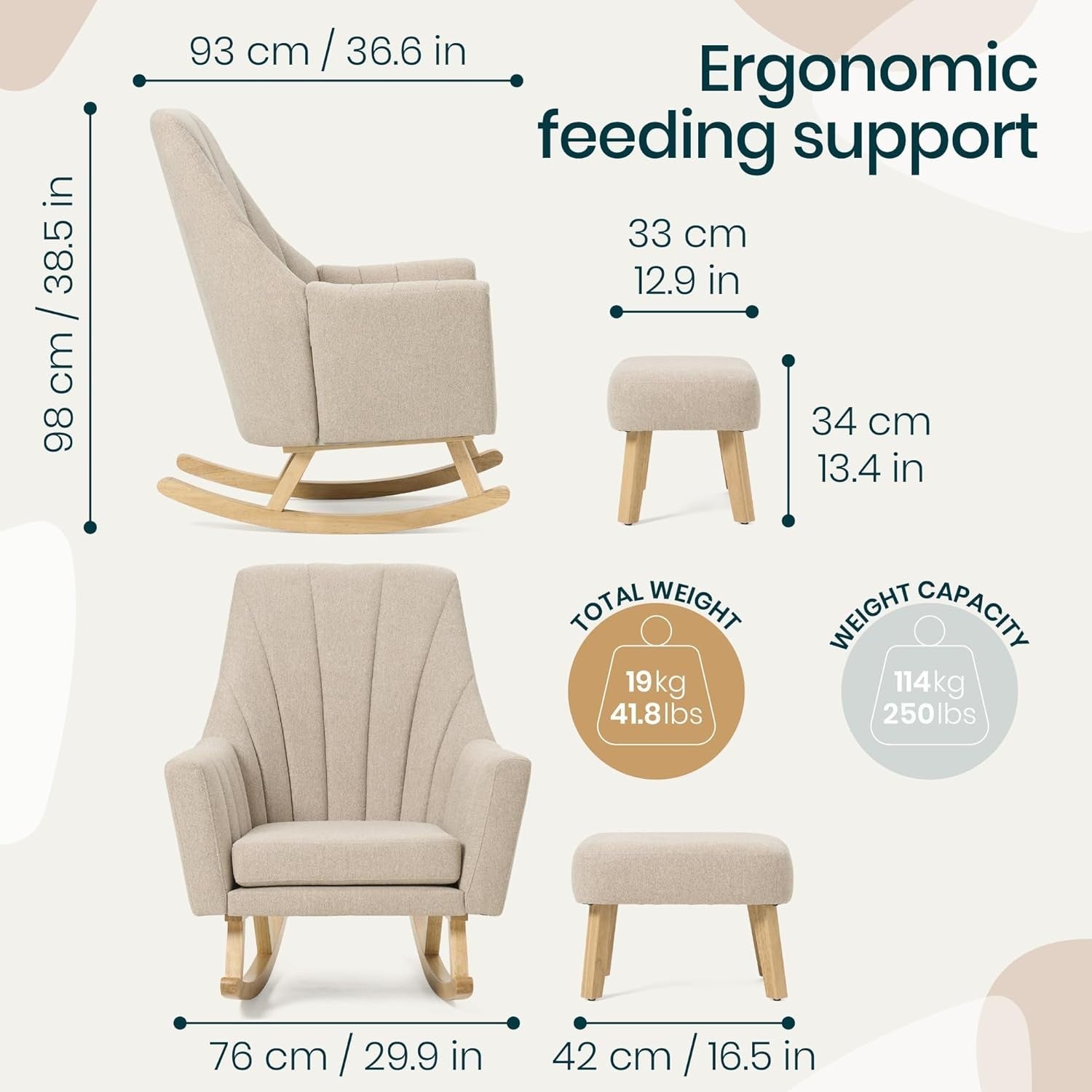 Nursery Rocking Chair with Footstool, Soft Touch Fabric, Ergonomic 93x75cm