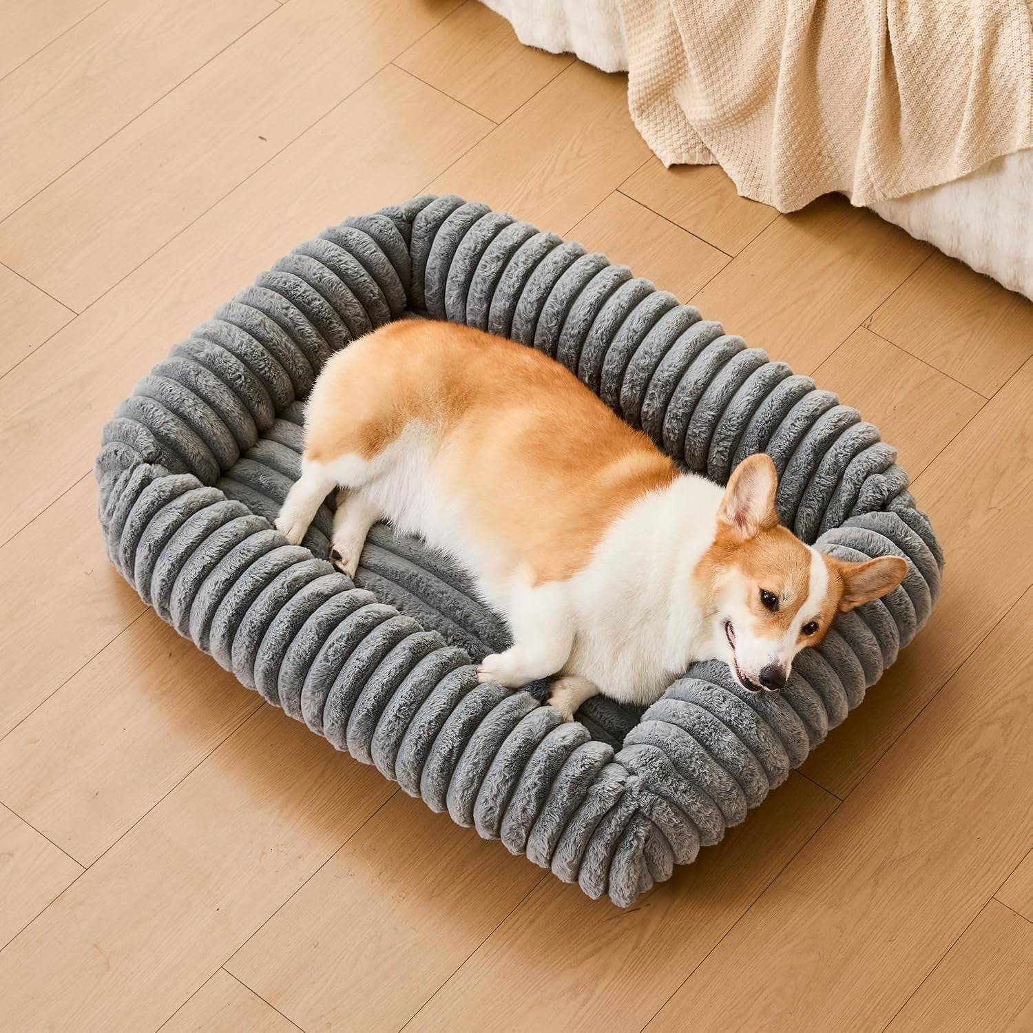 XL Orthopedic Dog Bed 35x25in Washable Furry Sofa Grey