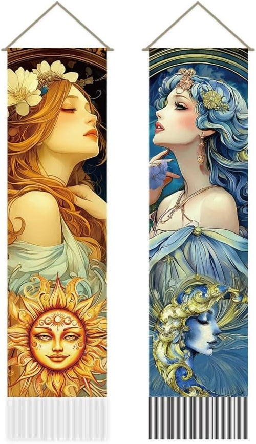 Boho Sun Moon Woman Tapestry 2pcs 45.7x13in Vertical Wall Decor