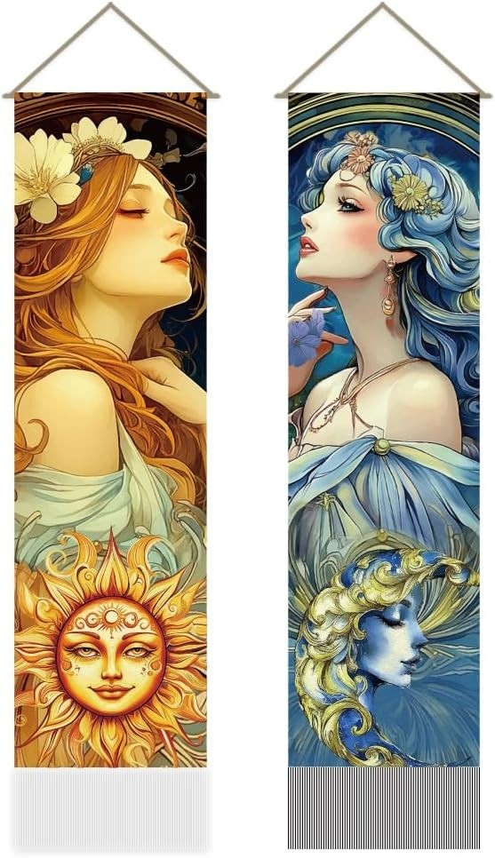 Boho Sun Moon Woman Tapestry 2pcs 45.7x13in Vertical Wall Decor