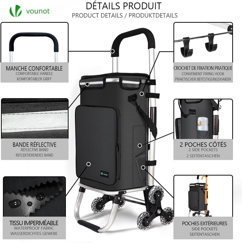 60L Folding 6-Wheel Grocery Cart Black Stair Climbing Shopping Trolley