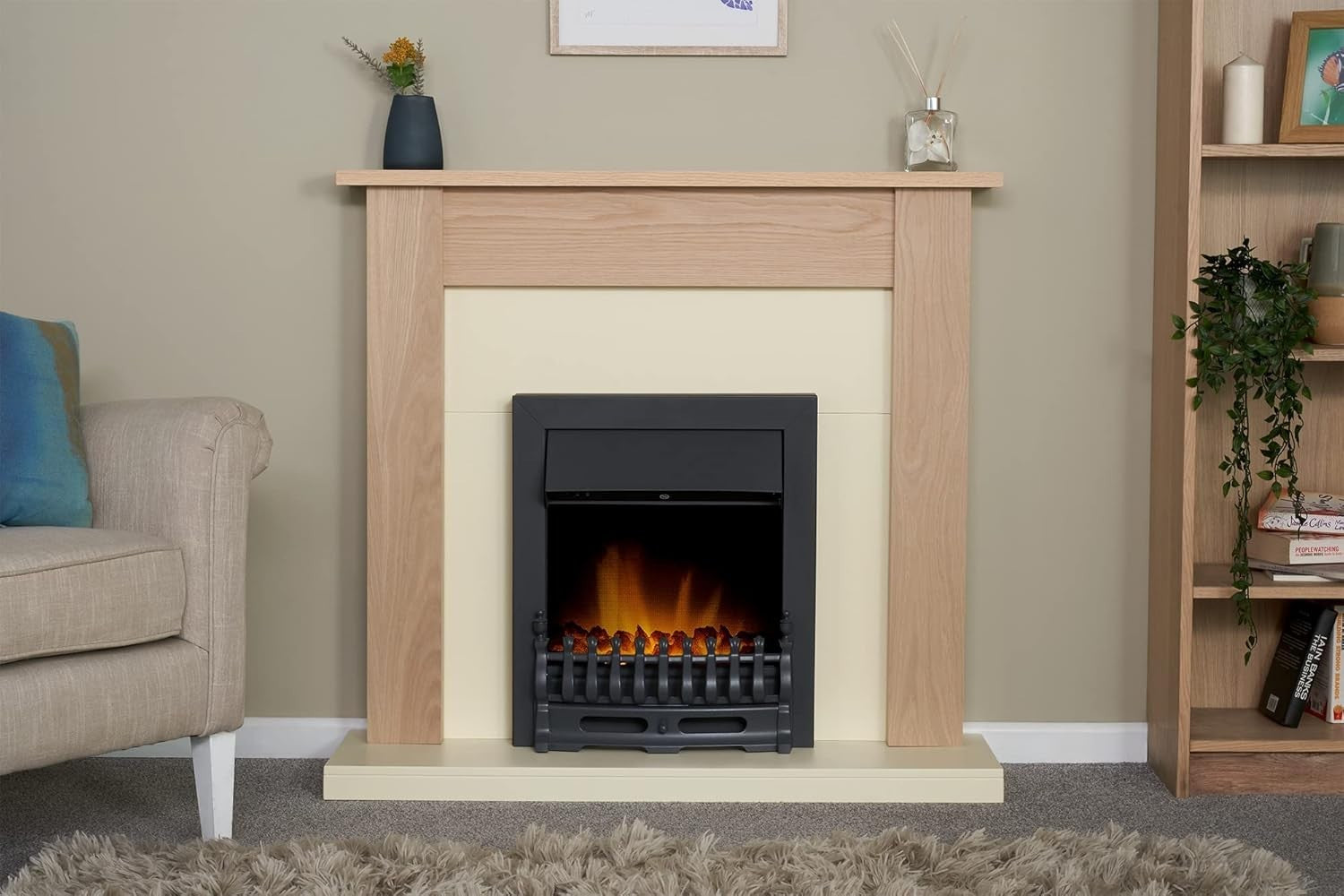 43" Oak & Cream Electric Fireplace Wall Mount Heater 1-2kW LED Flame Effect