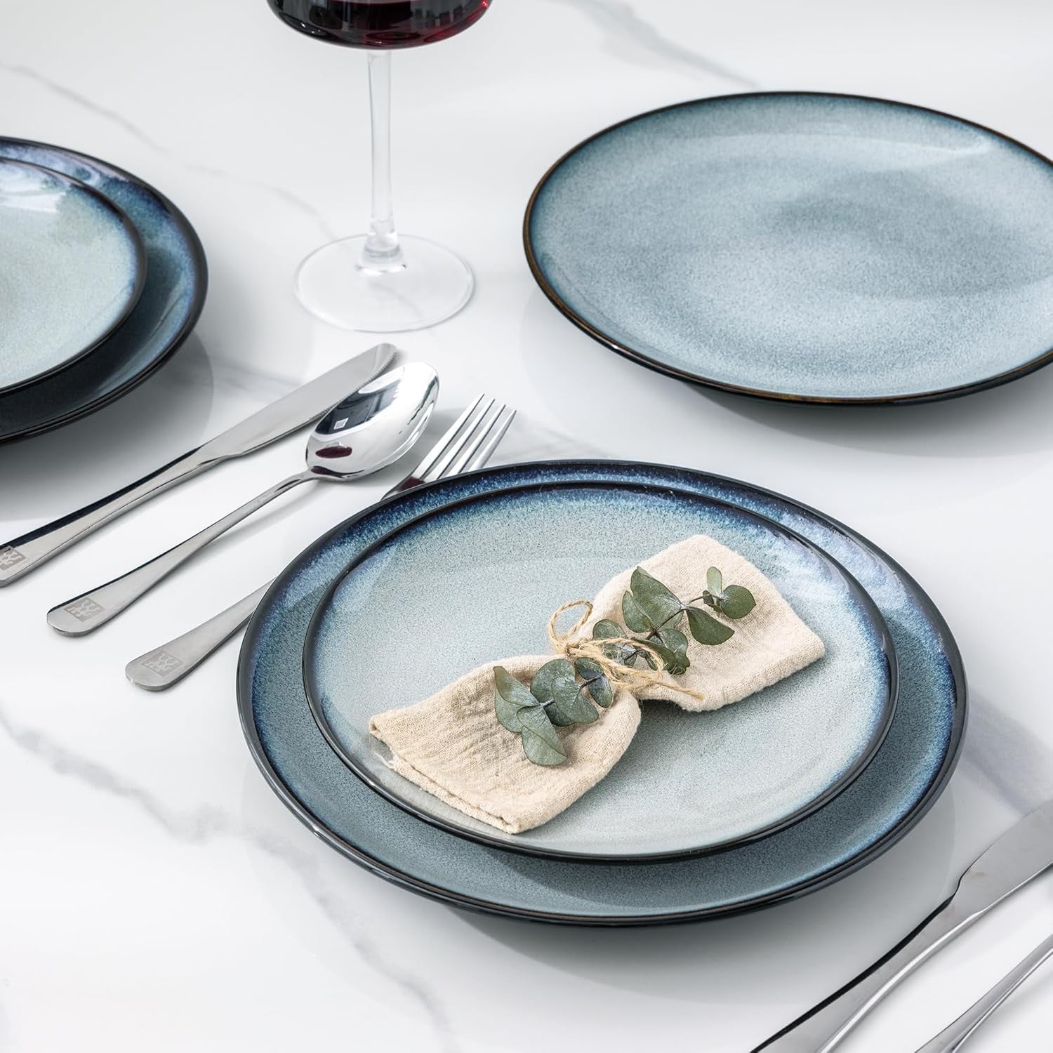 18 Piece Stoneware Dinner Set for 6 Ocean Blue Reactive Glaze Plates Bowls