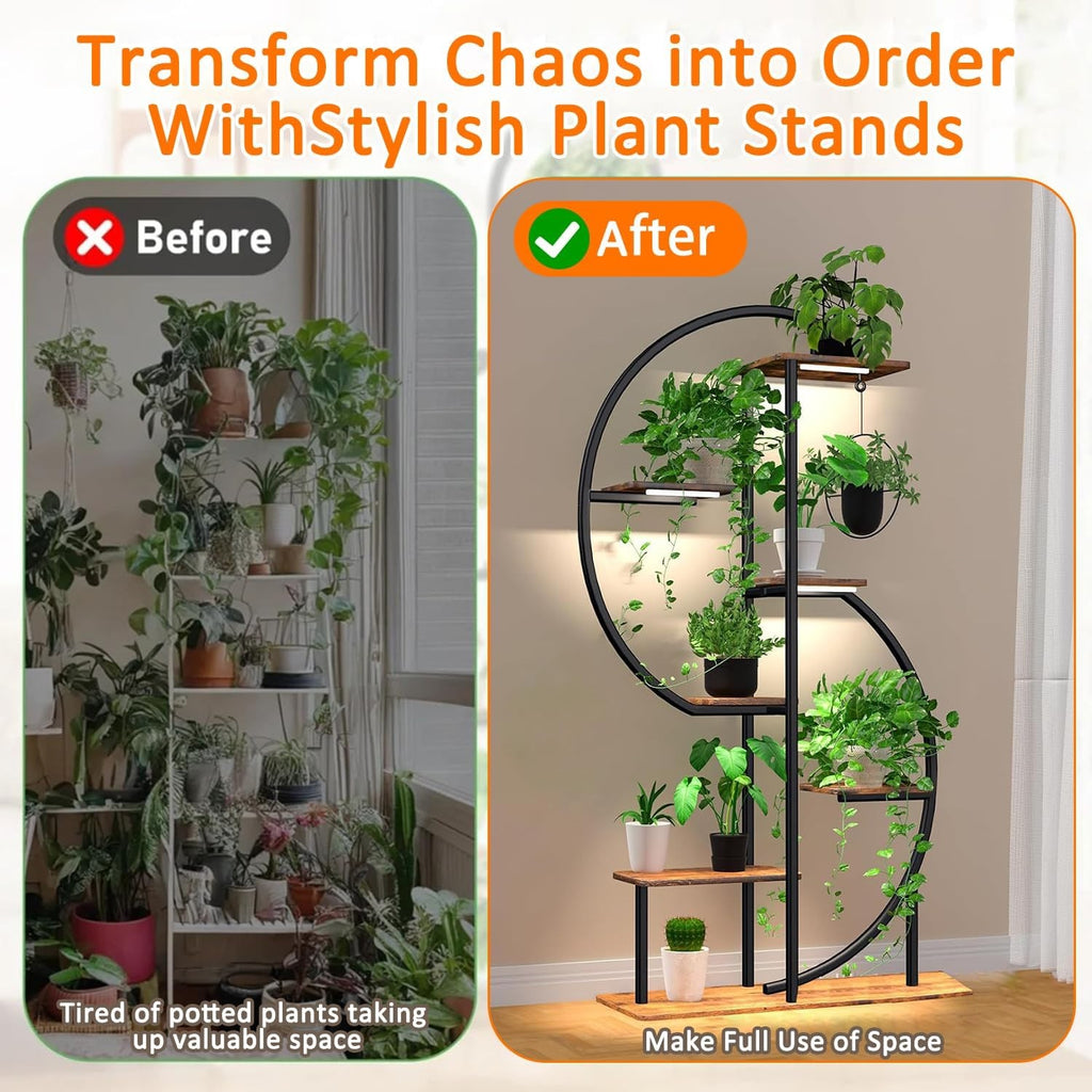 7 Tier Metal Plant Stand S Shape Tall Indoor Outdoor Flower Shelf with Lights