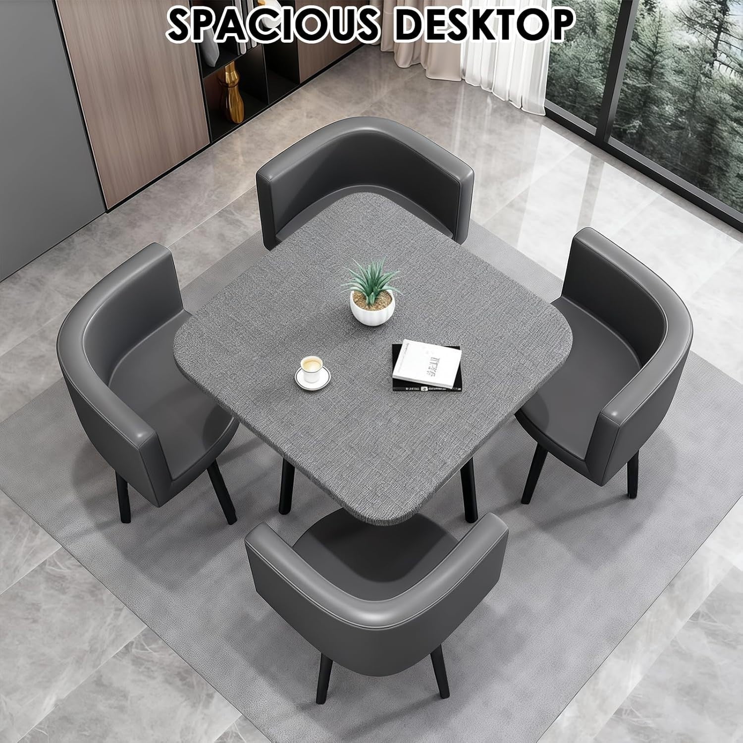 Modern Grey 35.4" Square Dining Table Set w/ 4 Chairs – Space-Saving Faux Marble