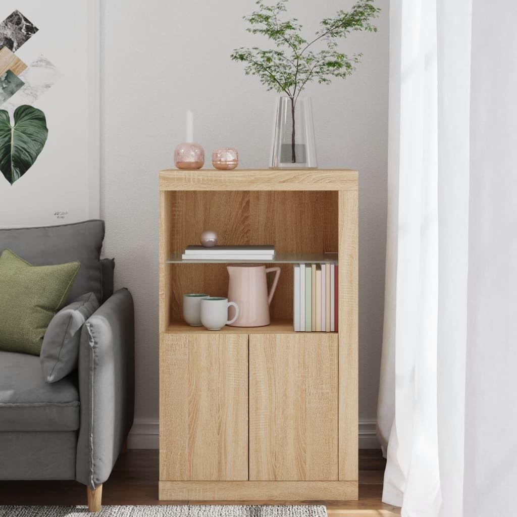 Modern Sonoma Oak Side Cabinet with LED Lights & Glass Shelf – Stylish Storage