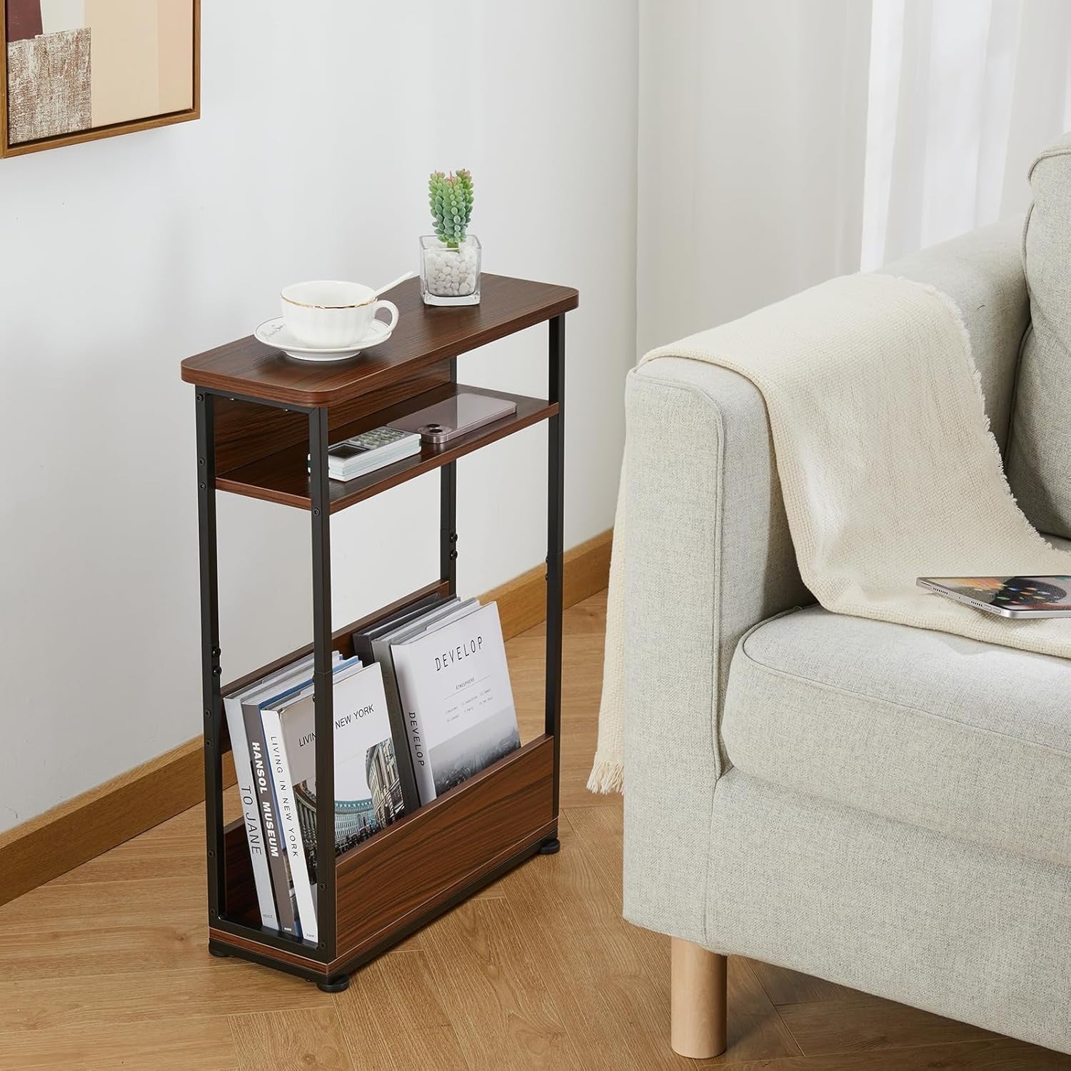 Narrow 3-Tier Side Table with Storage Shelf Slim End Table 46x18x62.5cm