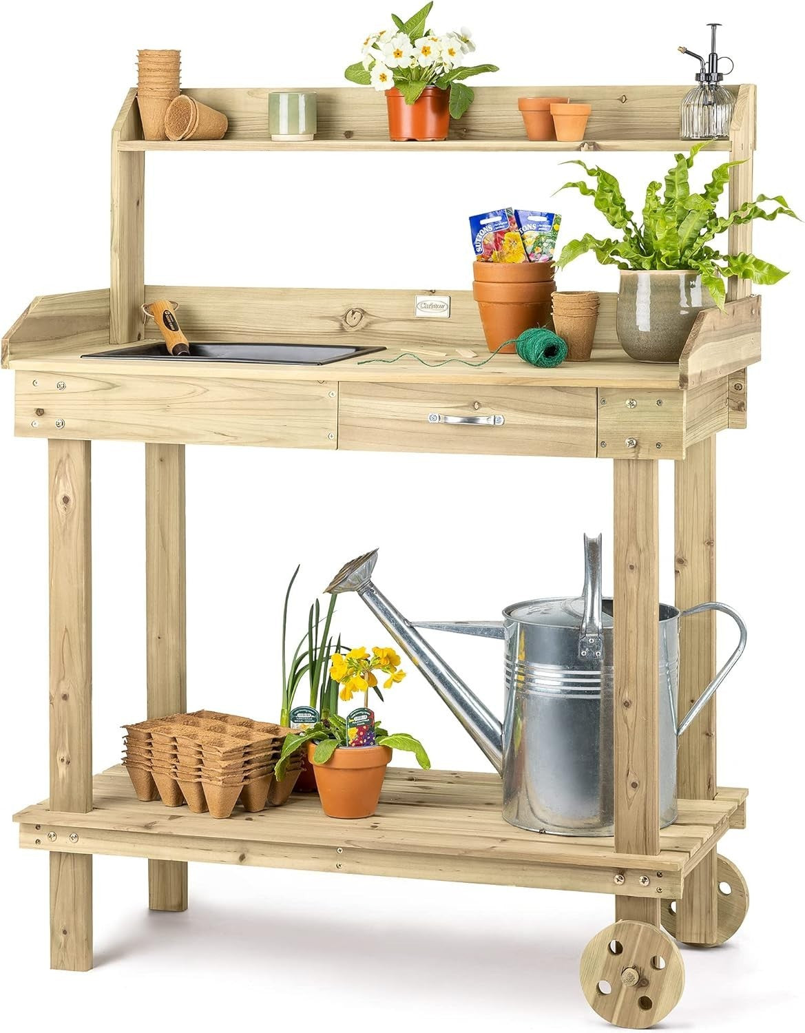 Wooden Garden Potting Table With Wheels Tray Drawer Shelves Outdoor Bench