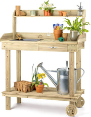 Wooden Garden Potting Table With Wheels Tray Drawer Shelves Outdoor Bench