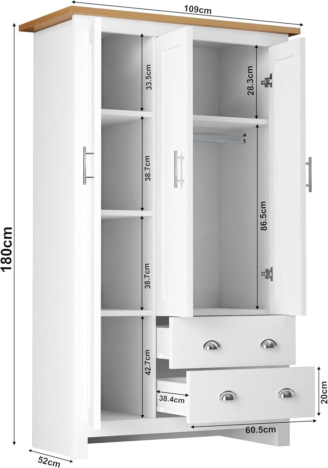 White 3 Door Wardrobe with Drawers & Rail – Modern Bedroom Storage Unit