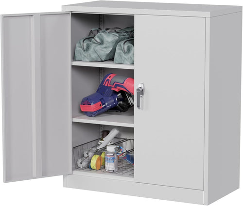 Grey Metal Storage Cabinet 2 Door Lockable Steel Cupboard Office Home 90cm