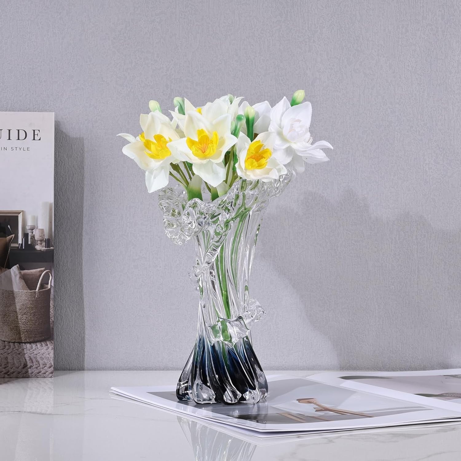 Hand Blown Glass Wave Vase Blue White Modern Art Flower Vase Decor