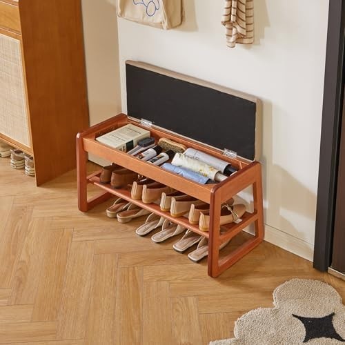 Cherry Wood Shoe Storage Bench with Cushion & Flip-Top – Modern Hallway Seat