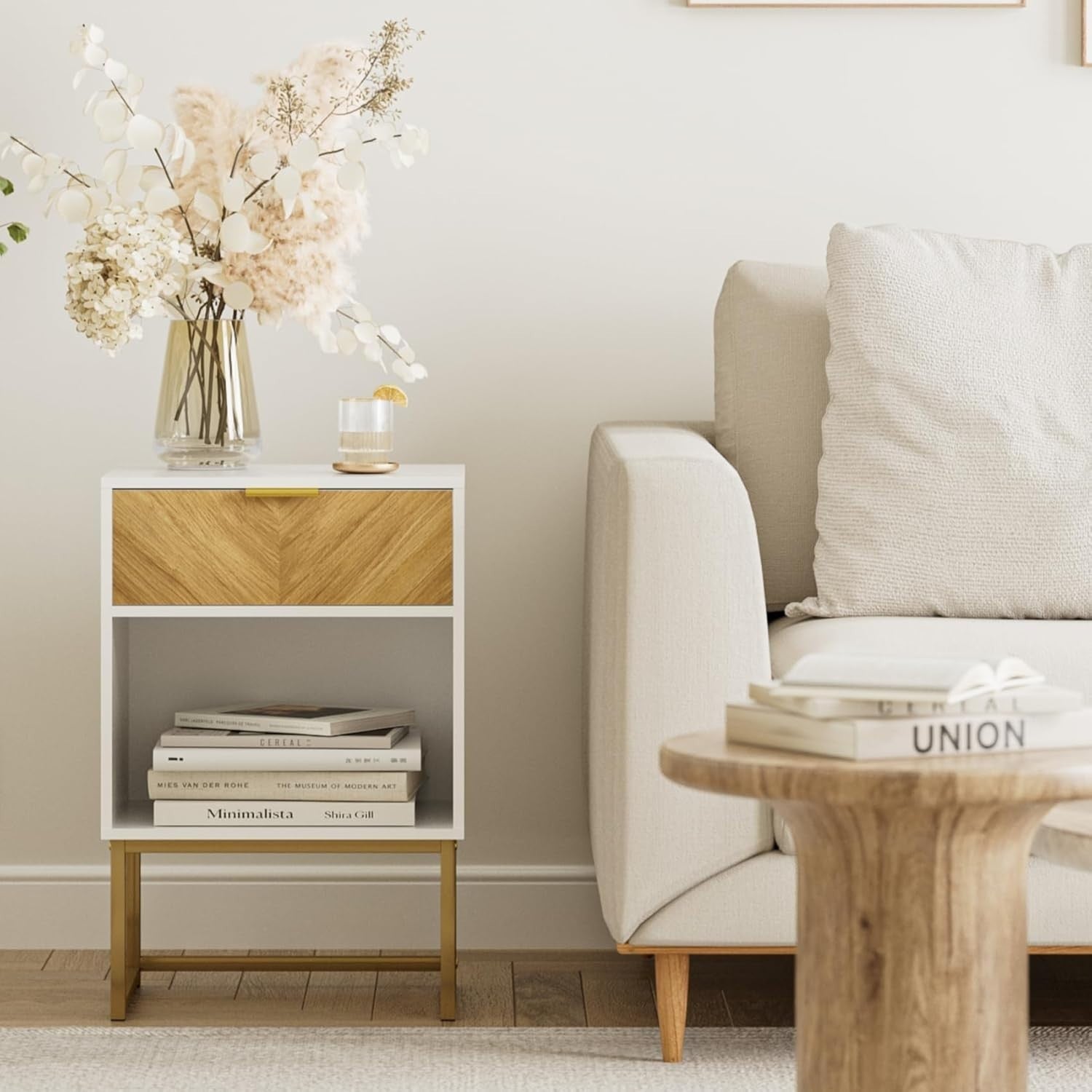 Modern White Bedside Table with Drawer & Shelf – 40x40x65cm Wooden Nightstand