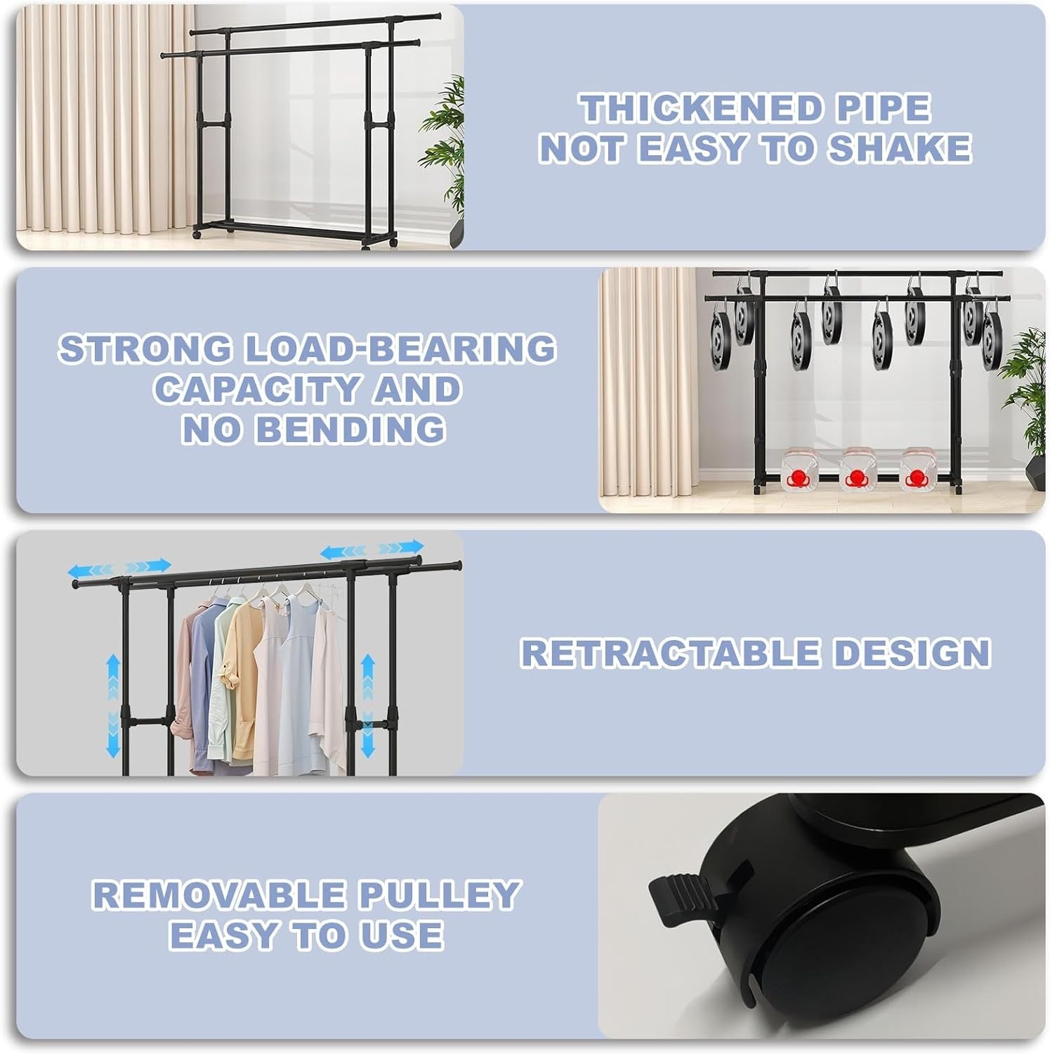 Telescopic Adjustable Clothes Rail on Wheels with Shoe Rack – Black