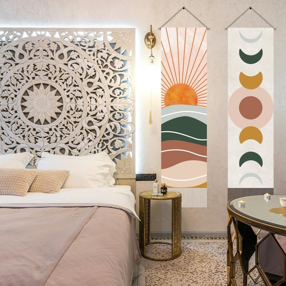 Boho Sun Moon Tapestry 2pcs 45.7x13in Vertical Wall Hanging Decor