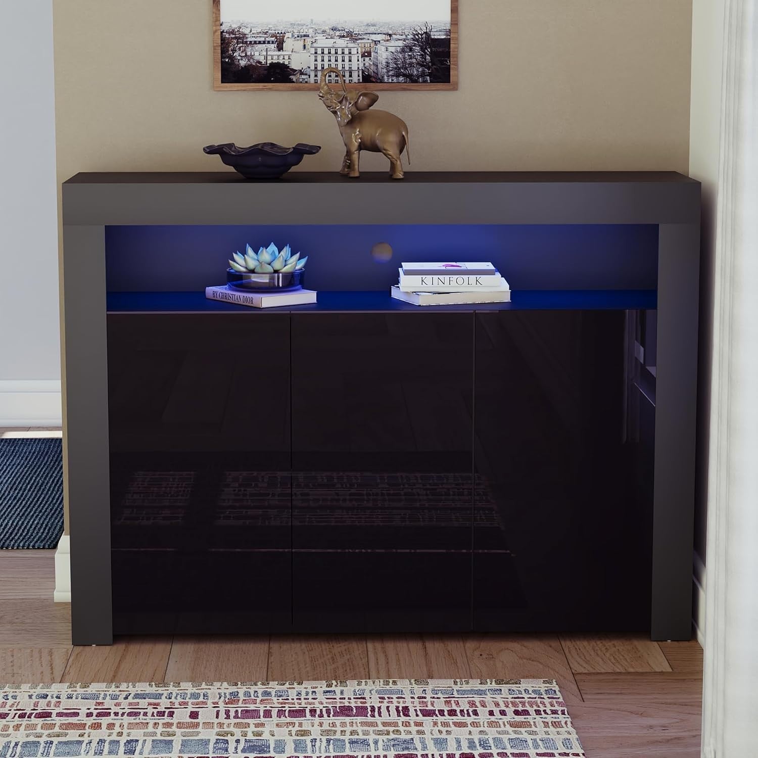 Modern Black LED Sideboard 3 Doors 3 Drawers RGB Lighting Storage Cabinet
