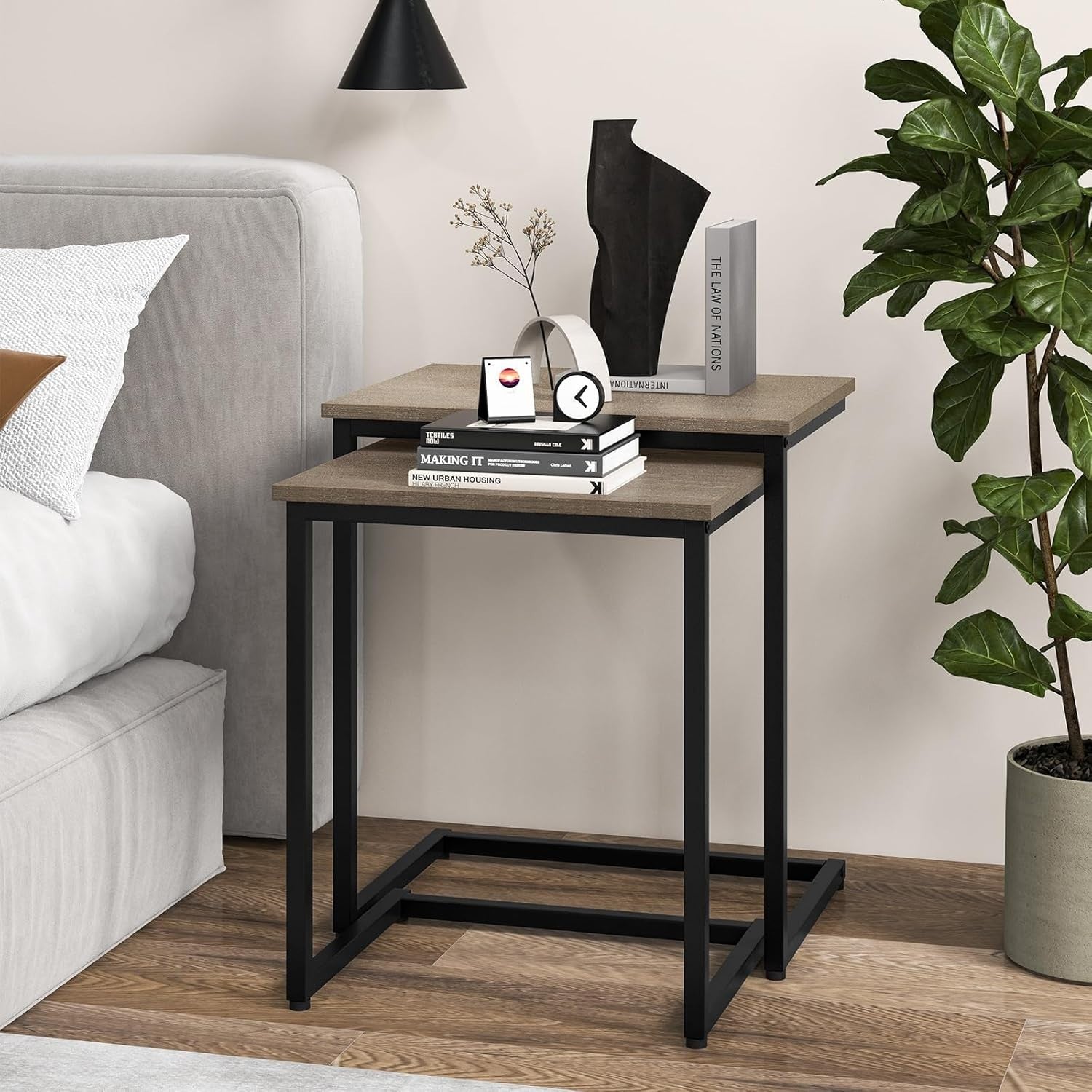 Nest of 3 C Table End Tables Stackable Coffee Side Laptop Sofa Tray Grey Oak