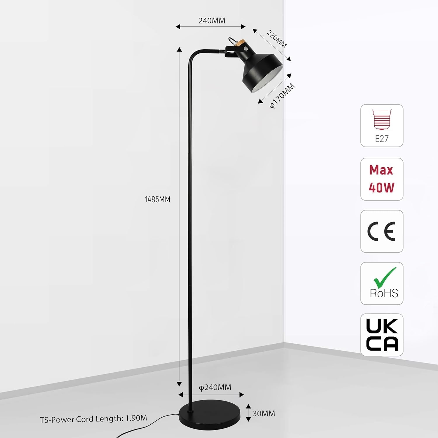 Minimalist Adjustable Floor Lamp E27 Rotatable Shade Modern Reading Light