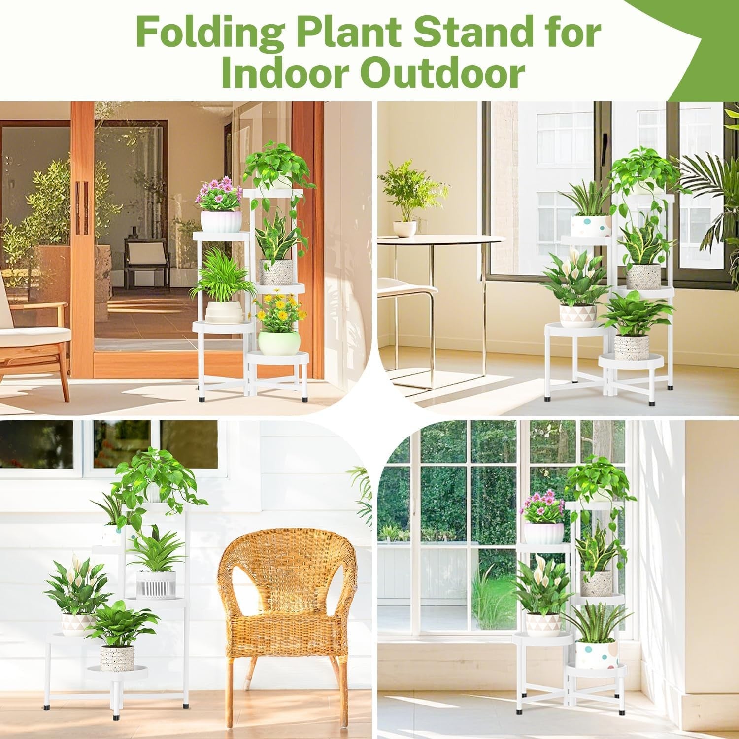 5 Tier Folding Plant Stand Indoor Outdoor | White Metal Corner Flower Rack