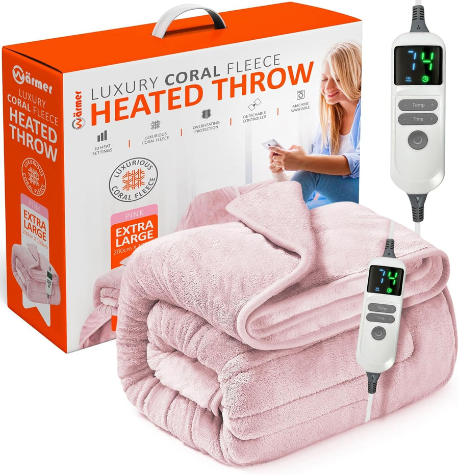 Electric Heated Throw Blanket XL 200x130cm 9 Heat Timer Auto Shut Off