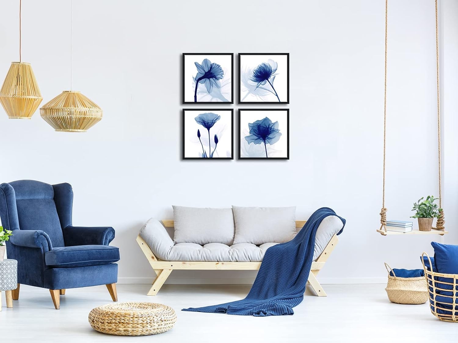 Blue Flower Canvas Wall Art 4 Panel Framed Modern