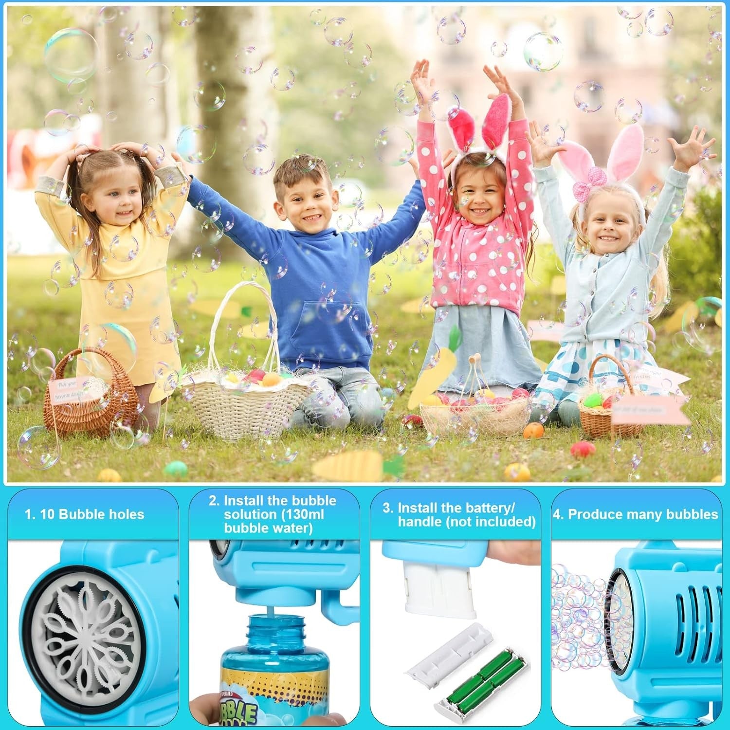 10 Hole LED Bubble Gun 10000+ Bubbles Kids Electric Toy Blue
