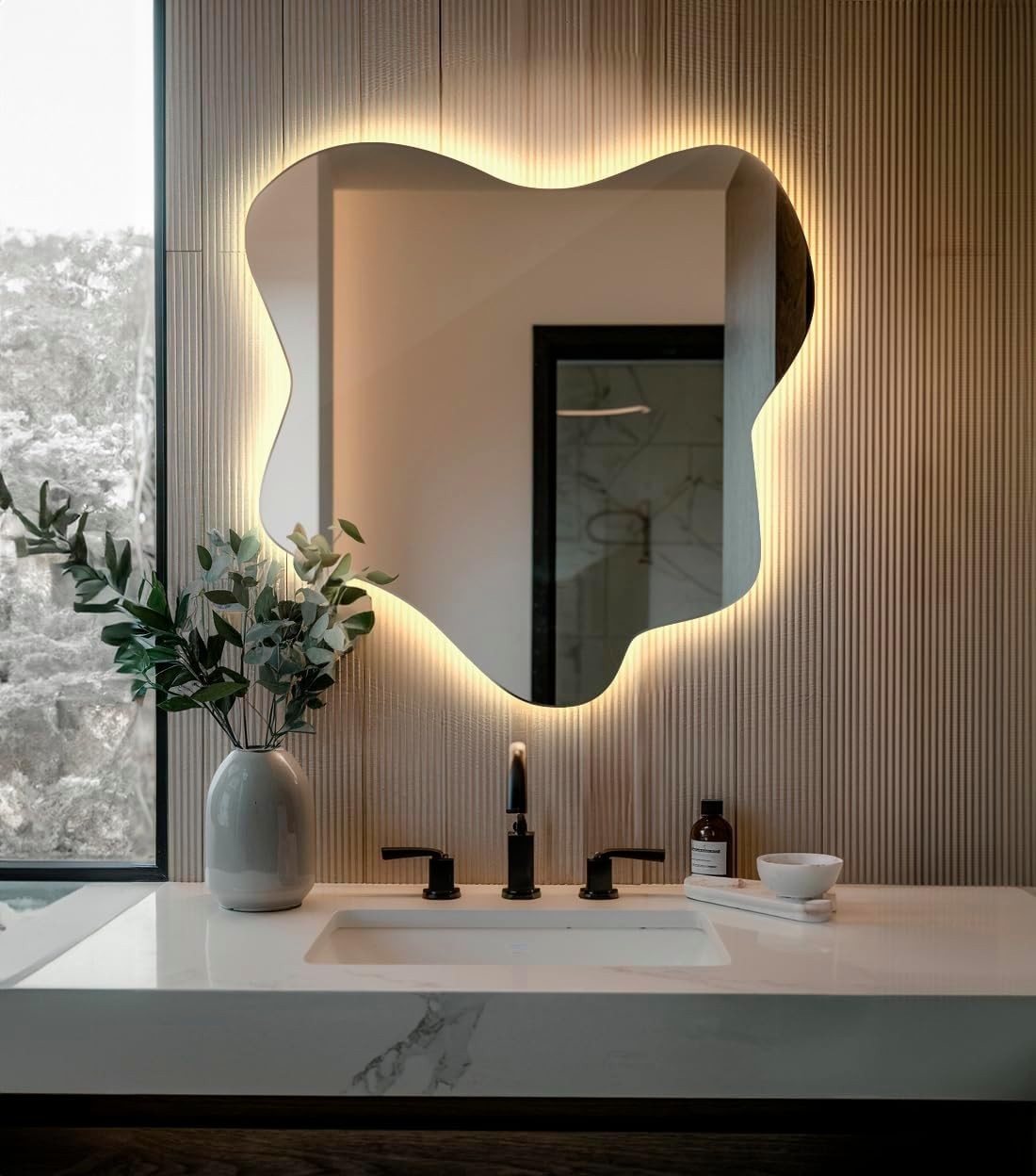 LED Illuminated Wavy Wall Mirror 77x76 cm Warm Light Modern Decor