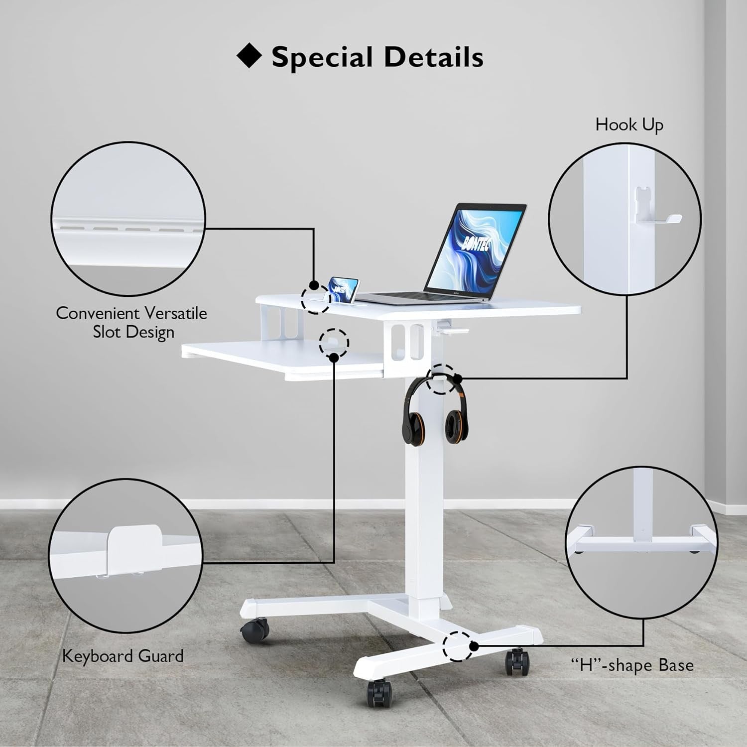 Height Adjustable Mobile Standing Desk on Wheels Laptop Workstation White