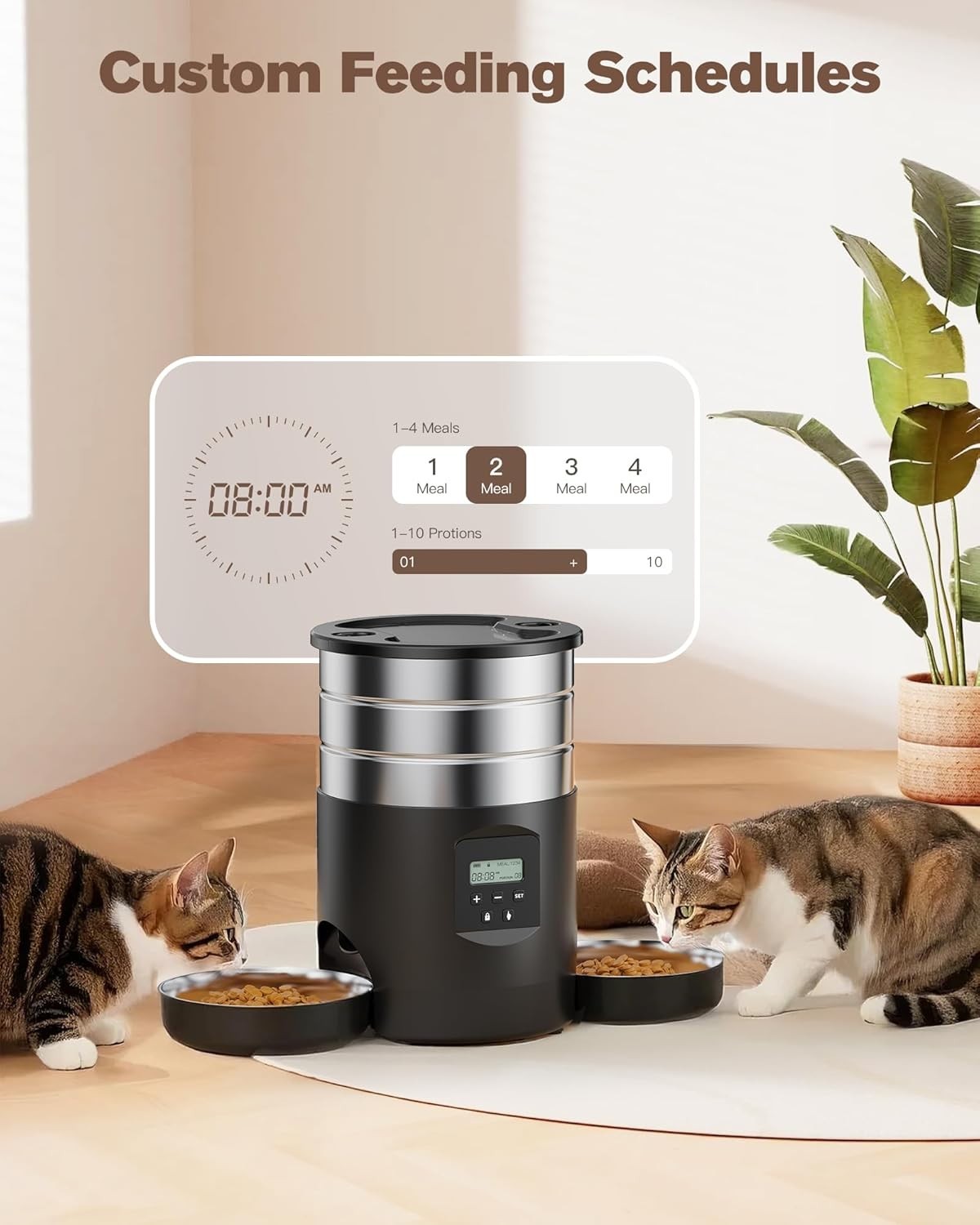 Automatic Cat Feeder for 2 Cats 5L Timed Food Dispenser Dual Bowls